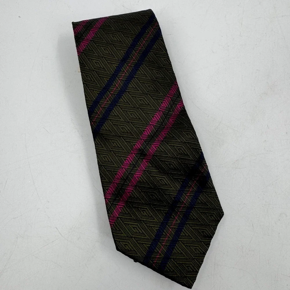 Cerruti 1881 Paris Necktie Silk Striped Olive Green Blue Pink Made in‎ Italy